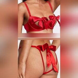 XL/XL VS Shine Strap Open Cup Satin Bow Bra Cheekini Panty Set Red Naughty Nice
